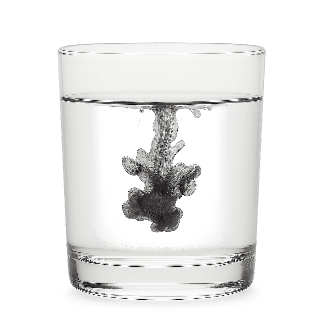Un vaso de agua clara con una sola gota de tinta oscura extendiéndose, simbolizando cómo un solo pensamiento puede afectar toda nuestra realidad.